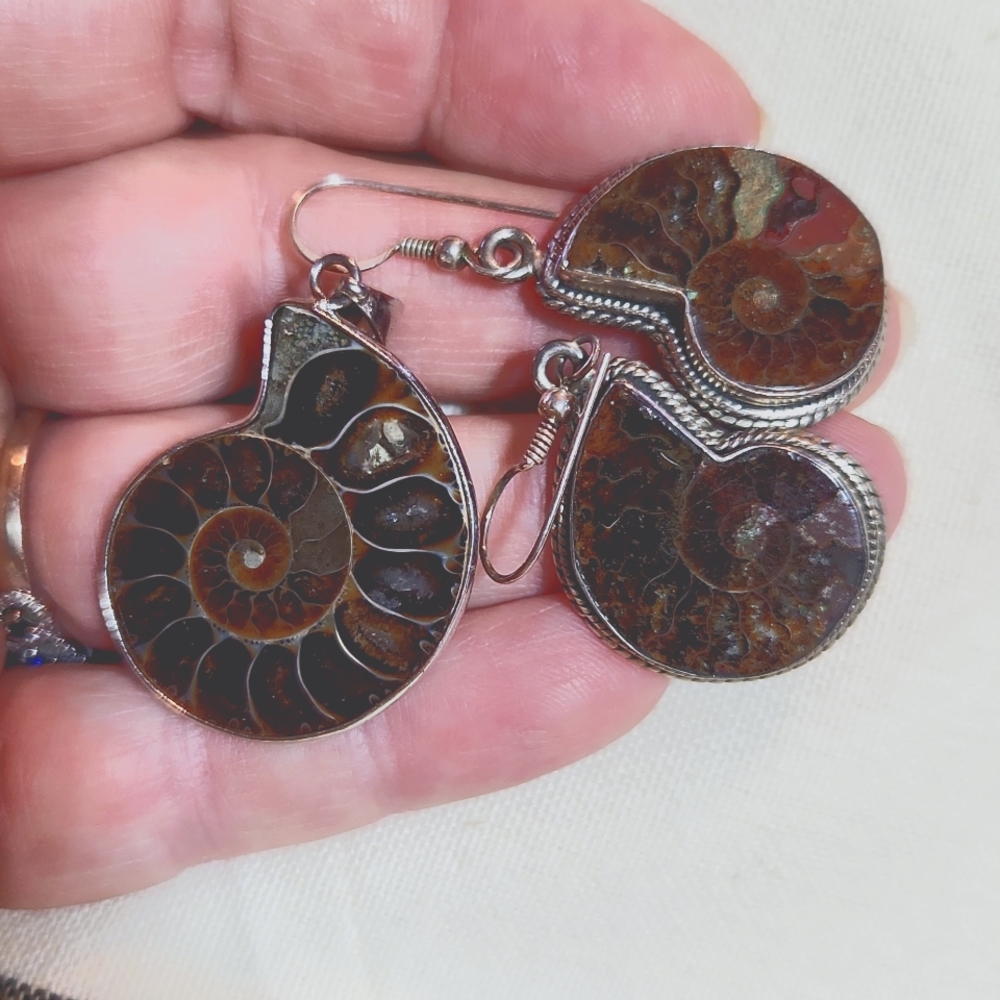 Ammonite pendant and matching earrings, prehistoric.